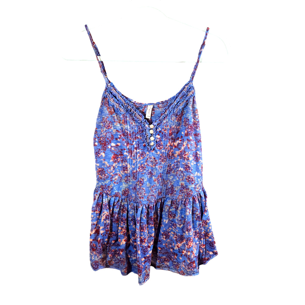 Free People Floral Print Ruffled Pintuck Peplum Tank Top Boho Festival Women's M